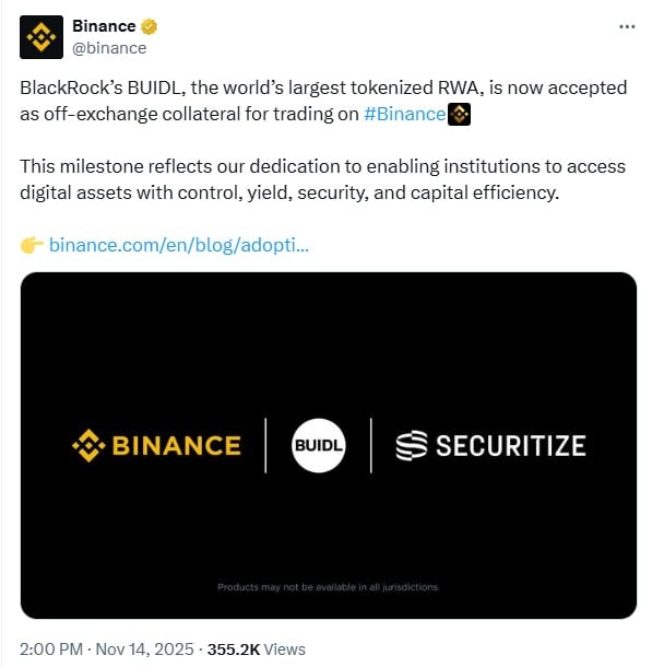  贝莱德的 BUIDL 成为首个被币安接受作为抵押品的主流代币化 RWA。 