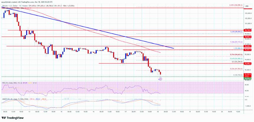 比特币跌破93,000美元，市场担忧90,000美元支撑位或将失守