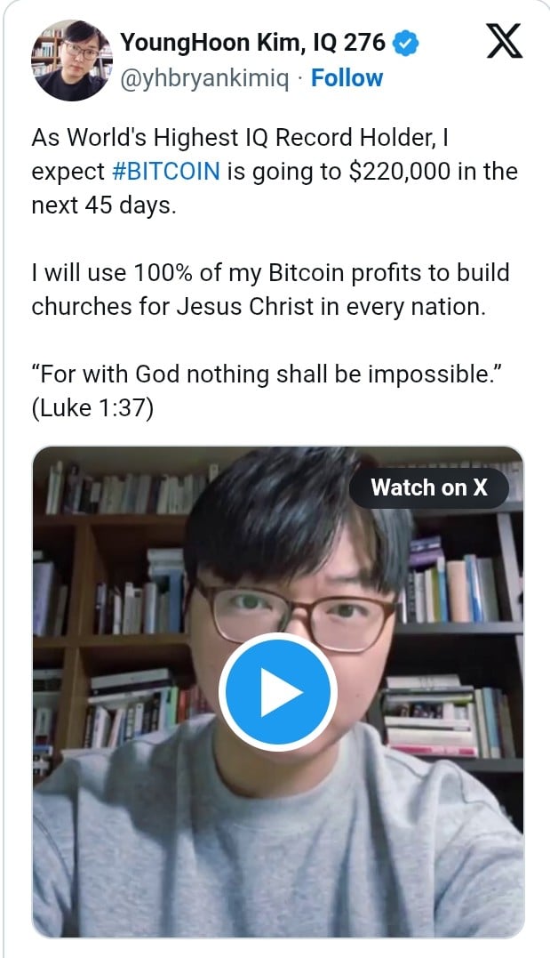 世界最高智商纪录保持者预测比特币将在45天内达到22万美元