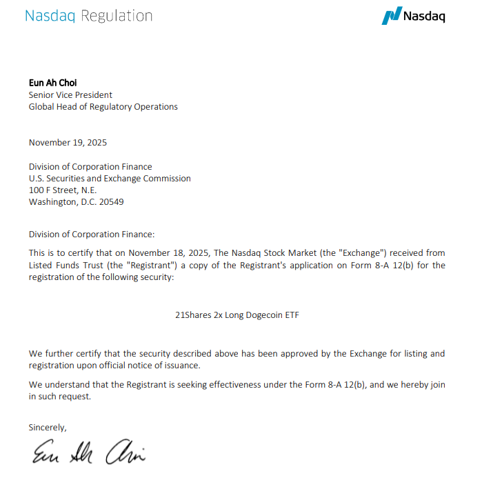 21Shares 旗下狗狗币 ETF 获纳斯达克上市批准