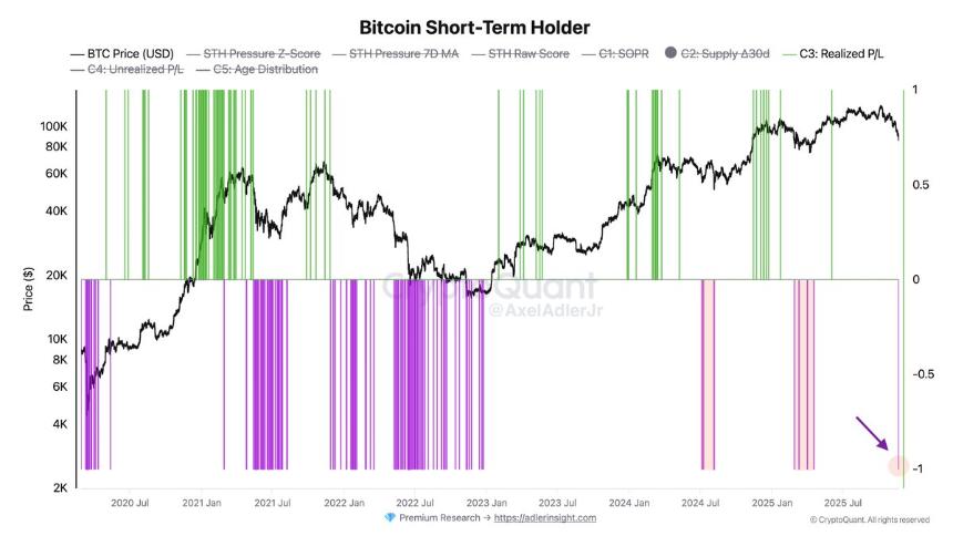 比特币暴跌至8.1万美元，STH恐慌情绪蔓延：本轮周期以来首次出现盈亏为负的情况。