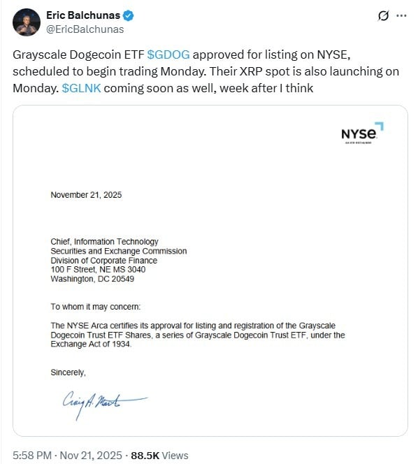 狗狗币和瑞波币ETF周一开始交易，获得机构投资者提振。