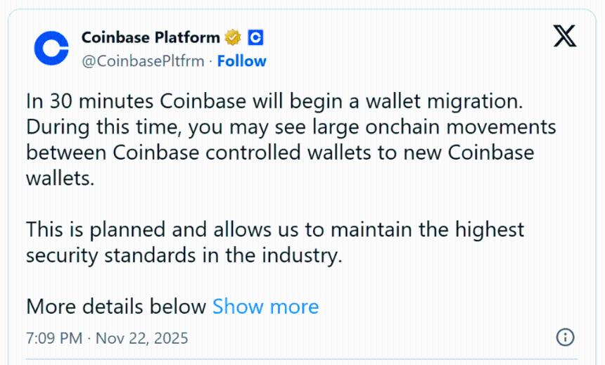 Coinbase将大量比特币和以太坊转移到新钱包