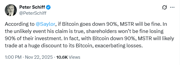 Peter Schiff谈MSTR和比特币崩盘：投资者无法承受90%的投资损失