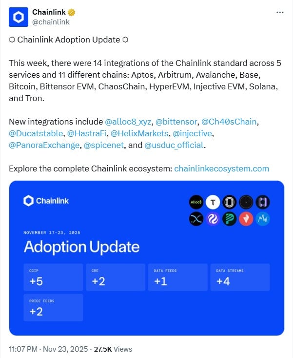 Chainlink与14家顶级L1和L2支付服务商达成集成，进一步拓展市场版图