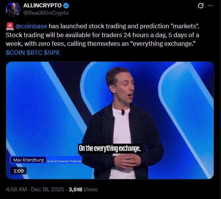 Coinbase 重磅升级：推出零手续费股票交易与预测市场服务