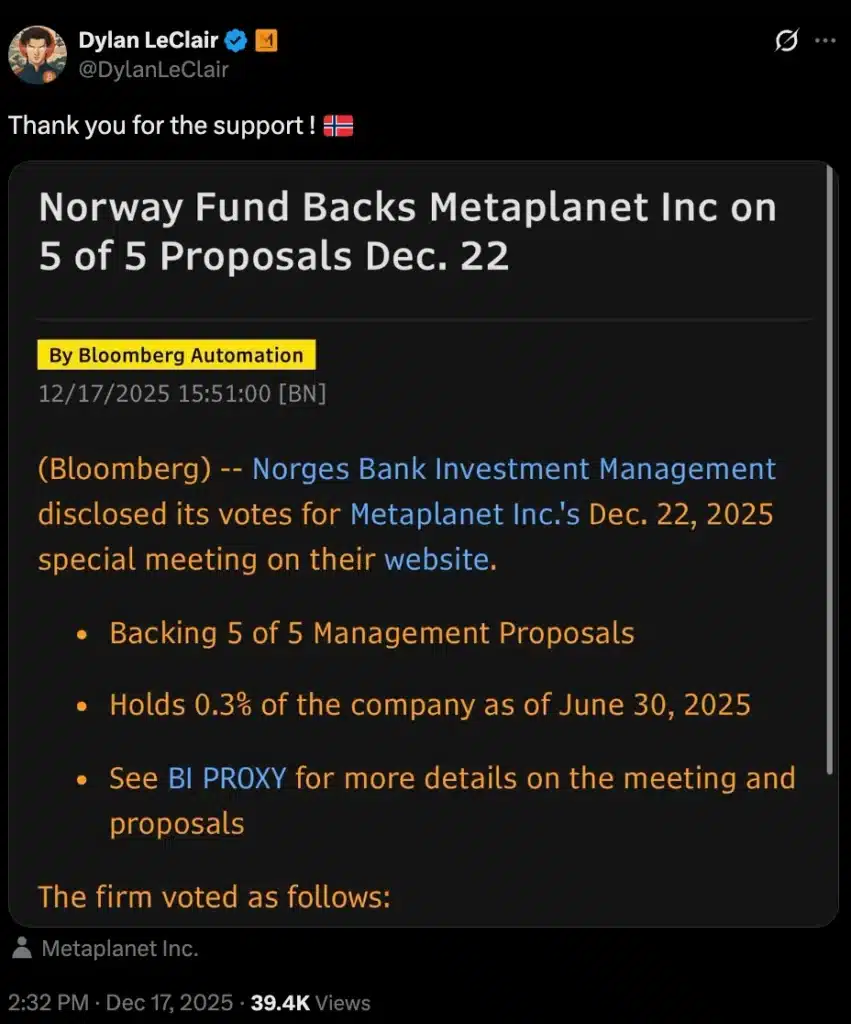  挪威2万亿美元基金刚刚投资了Metaplanet——这是怎么回事？ 