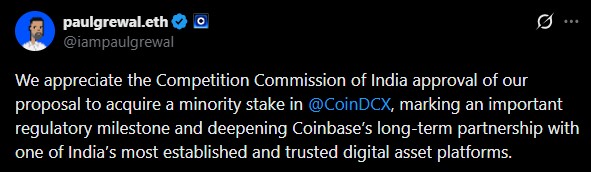 Coinbase与CoinDCX的交易获得CCI批准,推动印度加密货币发展。