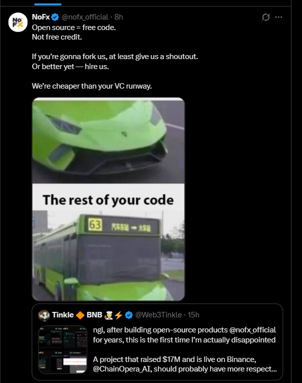 NoFx指控ChainOpera AI违反开源许可：AI交易软件被指抄袭