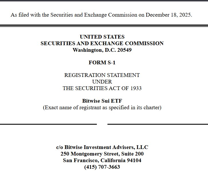 Bitwise文件用于现货SUI ETF，加入21Shares和Canary Capital。