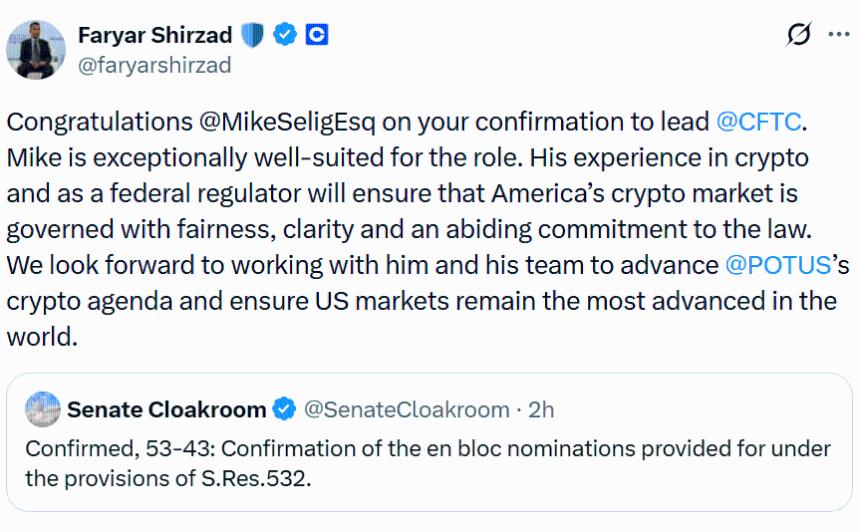 美国参议院确认支持加密货币的塞利格担任美国商品期货交易委员会（CFTC）主席，希尔担任联邦存款保险公司（FDIC）总裁。