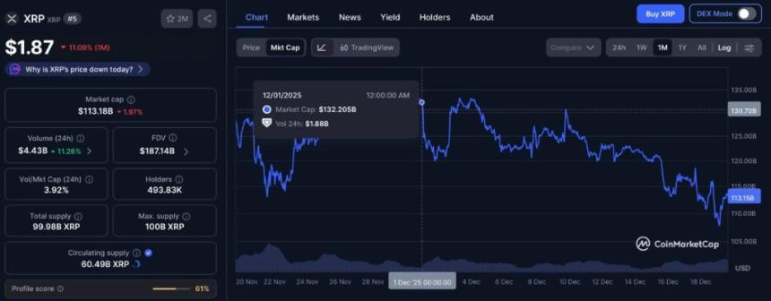  自12月初以来，XRP的市值已蒸发190亿美元。 
