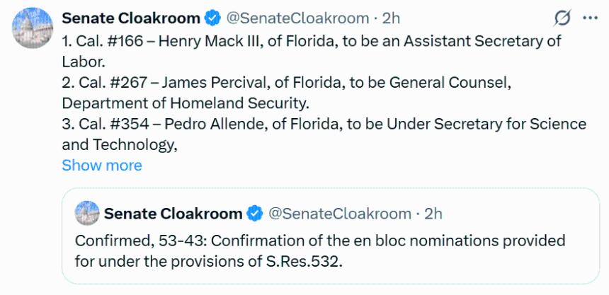 美国参议院确认支持加密货币的塞利格担任美国商品期货交易委员会（CFTC）主席，希尔担任联邦存款保险公司（FDIC）总裁。