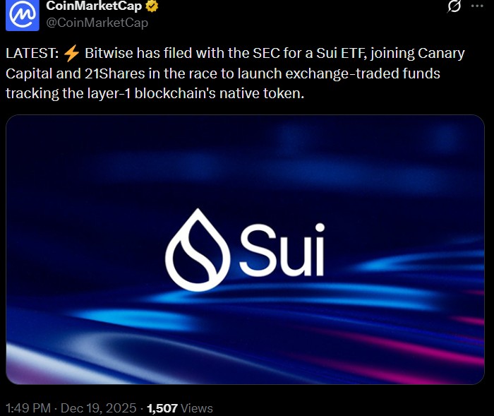Bitwise文件用于现货SUI ETF，加入21Shares和Canary Capital。