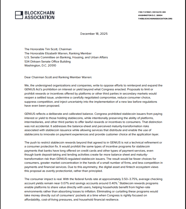  区块链协会驳回扩大稳定币收益率限制的提案 