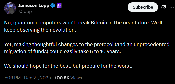  比特币目前是安全的：詹姆森·洛普谈量子计算风险 