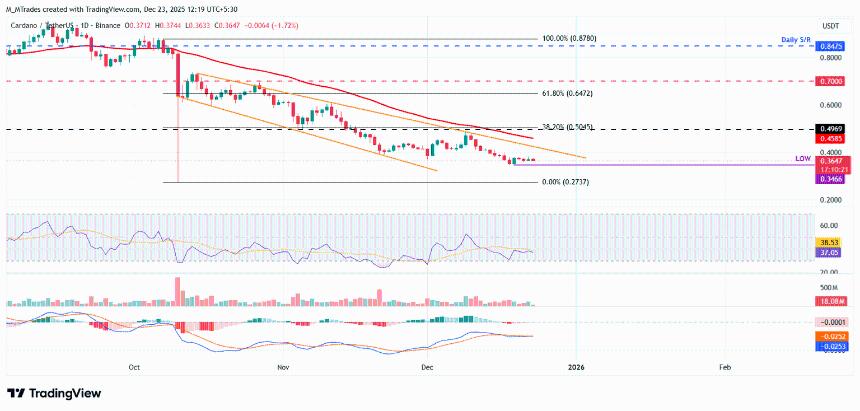 Cardano价格分析：ADA跌破0.37美元，巨鲸抛售加剧市场看跌情绪