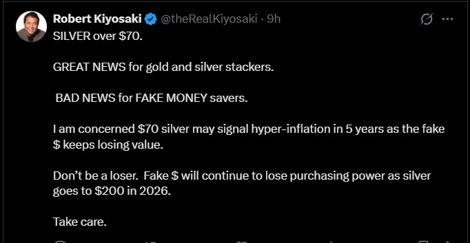 罗伯特·清崎预测：白银价格将跌破70美元，下一个目标是200美元，这都将成为法定货币危机的一部分。