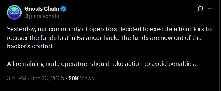  Gnosis Chain采取措施追回Balancer黑客攻击中损失的940万美元资金 
