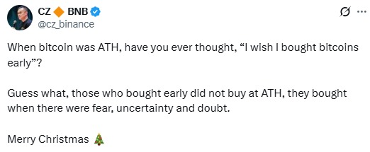  CZ比特币购买建议解释了为什么恐惧会创造买入机会 