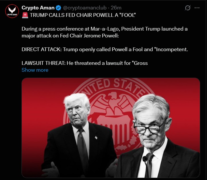 特朗普称美联储主席杰罗姆·鲍威尔为‘傻瓜’，暗示可能将其免职。