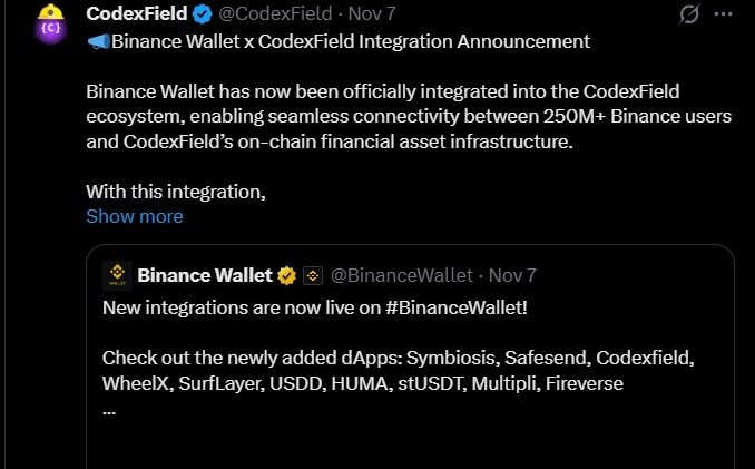 CodexField钱包空投：Gate.io上线，$CODEX币安下一个？