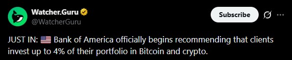  美国银行建议客户配置高达 4% 的比特币 