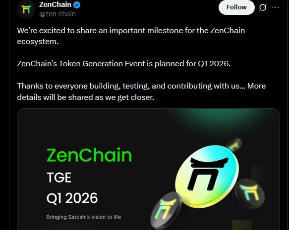 Zenchain公布ZTC代币经济学：2026年第一季度主网上线及空投计划全解析