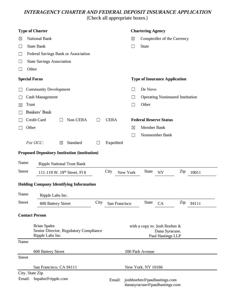 Ripple Bank Charter Application