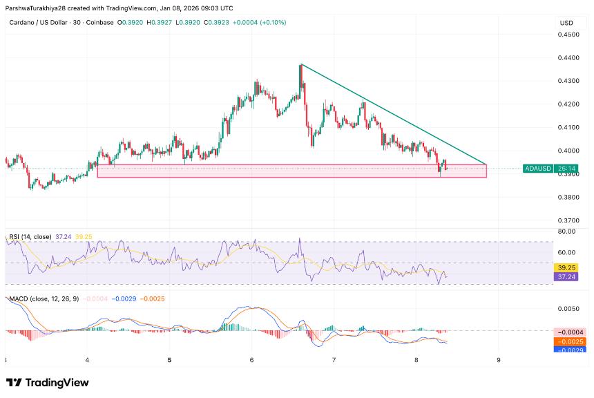 Cardano价格分析：0.39美元支撑位岌岌可危，卖方掌控市场主导权