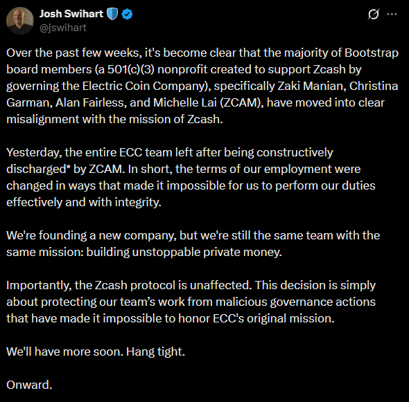 Zcash核心开发团队ECC因治理纠纷退出，将组建新公司继续使命