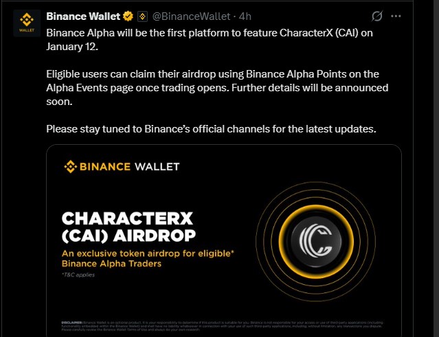  CharacterX $CAI 空投上线日期公布：币安优先，KuCoin其次 