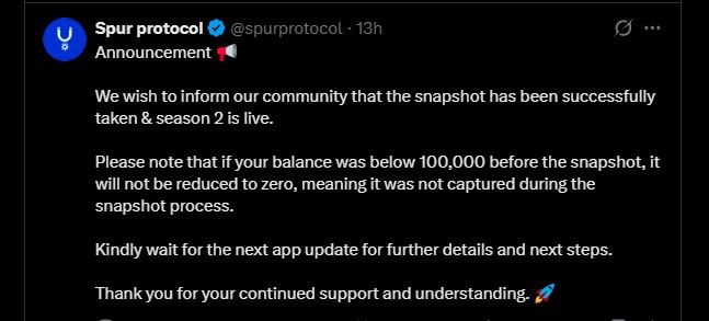 快照结束,$SON 空投第二季是否支持 Spur 协议上线?