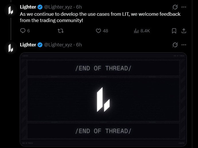 Lighter Token (LIT) 将流动性池中的 LIT 质押截止日期设为 1 月 28 日