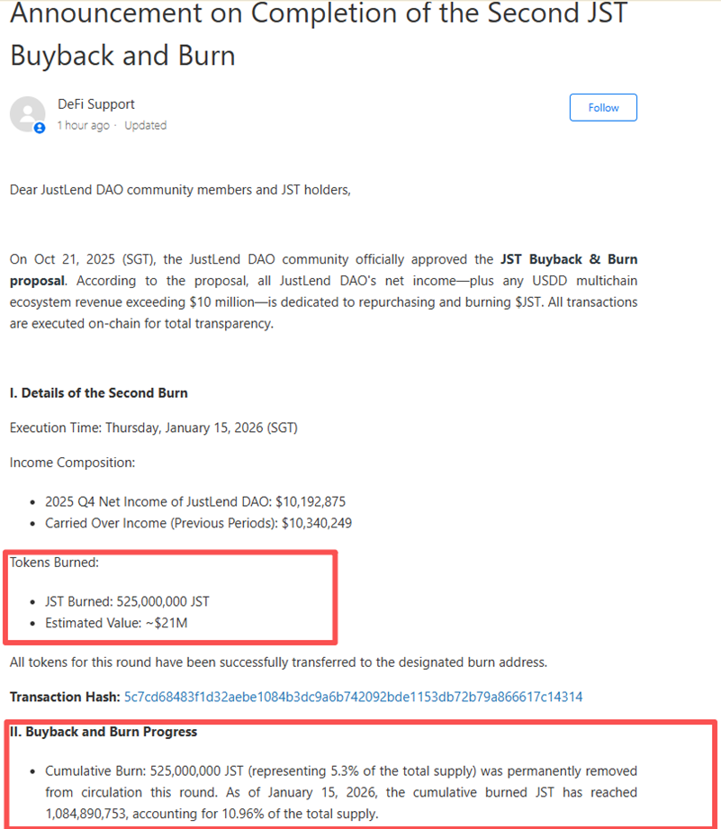 JustLend DAO生态收益持续加码：两轮累计销毁超10亿枚JST，通缩进程加速推进