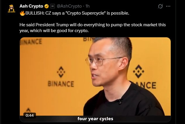  赵长鹏 (CZ) 的“2026 年加密货币超级周期”演讲：股市上涨，比特币和以太坊是下一个目标吗？ 