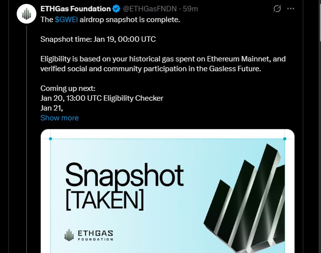 ETH Gas空投已确认于1月21日：币安$GWEI上线、TGE、主网