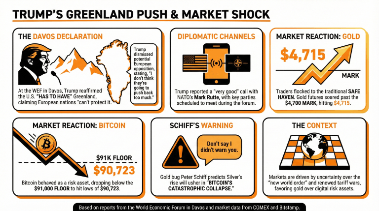特朗普重启格陵兰岛吞并计划后，黄金价格创下新高，比特币价格暴跌。