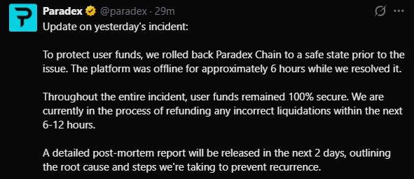 Paradex比特币0美元故障引发清算和回滚