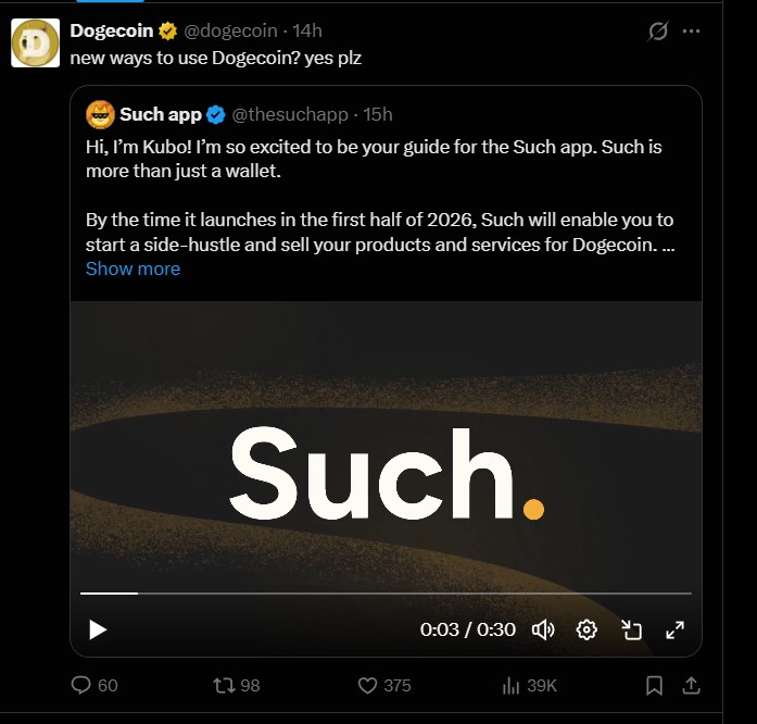 狗狗币支付应用“Such”将于2026年上半年推出,但$DOGE价格却下跌