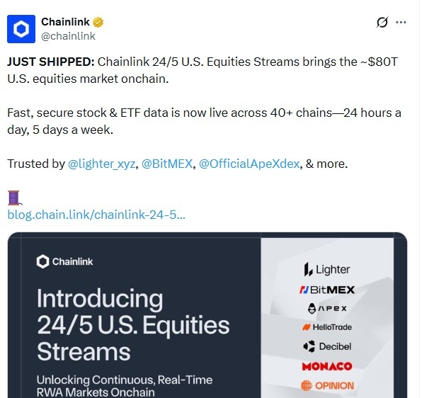 Chainlink 美国股票交易流解锁 80 万亿美元股市