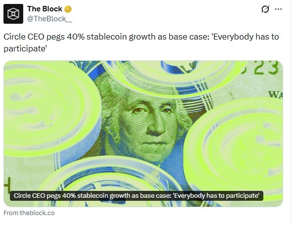 稳定币增长预测达 40%:Circle CEO 的观点和声明