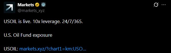 Markets.xyz推出$USOIL，用于链上美国石油市场交易。