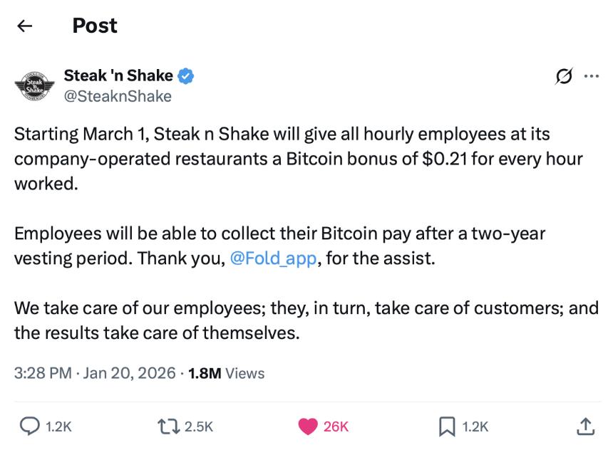 Steak ’n Shake 推出比特币 (BTC) 奖励计划激励小时工