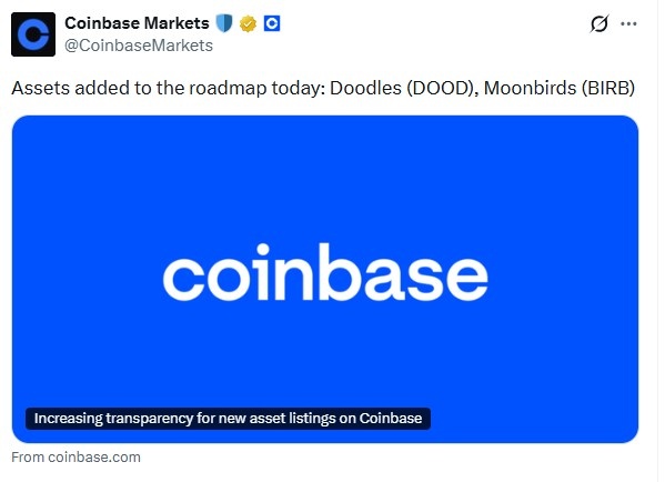 Coinbase将BIRB和DOOD代币加入路线图，交易员立即做出反应