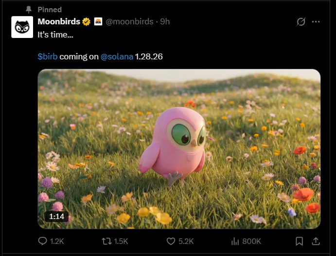 Moonbirds Solana $BIRB 代币于 1 月 28 日发行，引发 NFT 价格上涨 8%。
