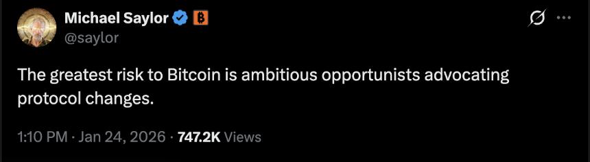 Saylor：“投机者”推动协议变更是比特币（BTC）面临的最大威胁