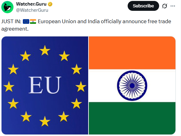 印度与欧盟的贸易协议推动全球市场和加密货币转向