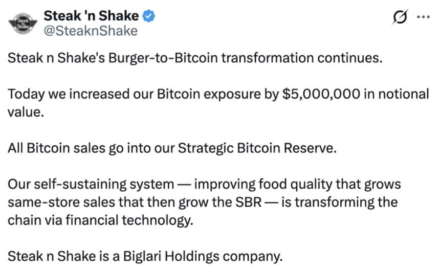 Steak’n Shake增持500万美元比特币作为储备金，门店销售额增长18%