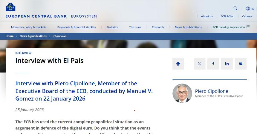 欧洲央行（ECB）执委Cipollone称，在‘武器化’世界中，数字欧元是支付主权的关键